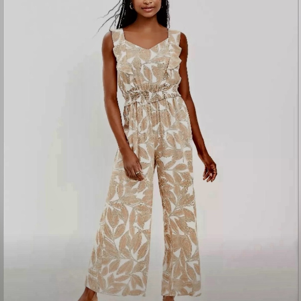 NEW Ann Taylor LOFT Tan Brown Ivory Leaf Print Wide leg sleeveless Jumpsuit Sz L